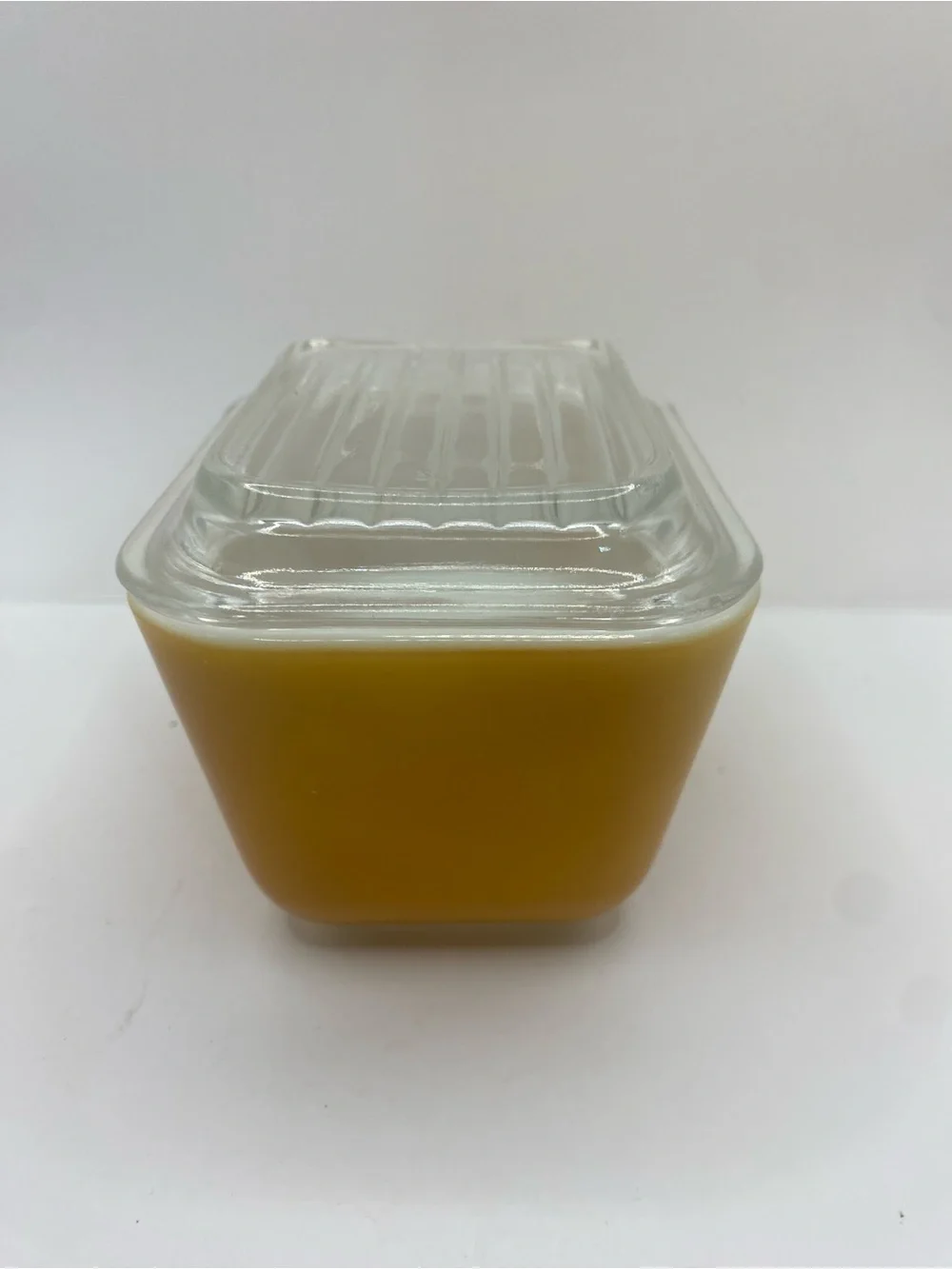 Vintage Pyrex 1 1/2 Cup Small Caramel Color Refrigerator Dish Clear Glass Lid
